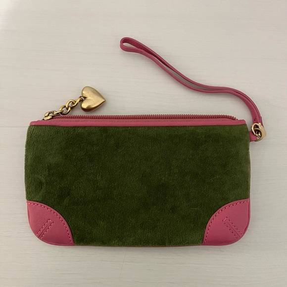 Juicy Couture I Love Juicy Green Pink Velour Leather Zippered Wristlet - Picture 2 of 3